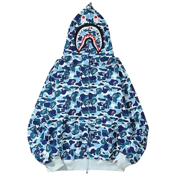 EUDOLAH Shark Camo Print Cotton Casual Zip Hoodie – Blue